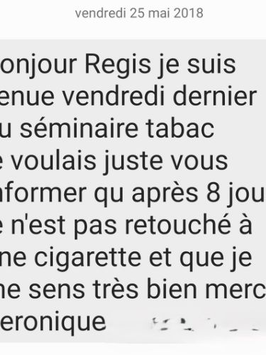 Témoignage d’une cliente déclarant huit jours sans cigarette après le séminaire tabac